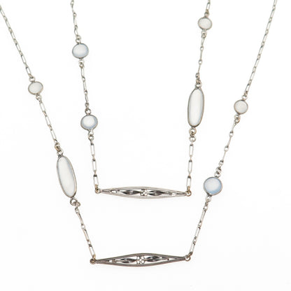 Silver-Tone Antique Art Deco Opalite Long Chain Necklace 56"