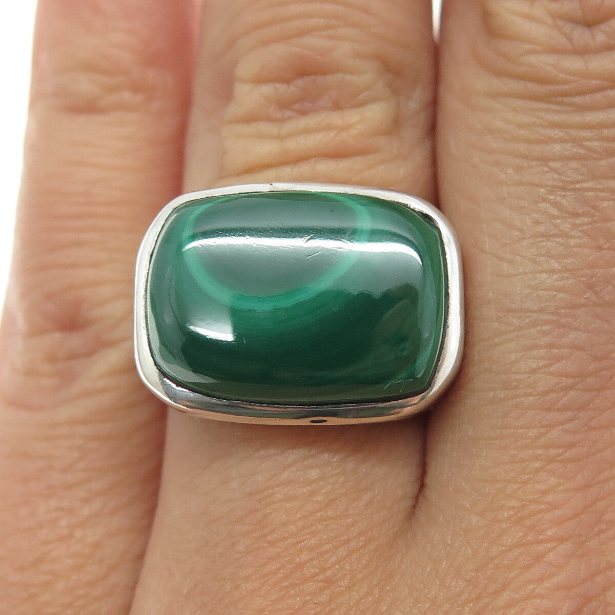 925 Sterling Silver Vintage Real Cabochon Malachite Ring Size 6.75