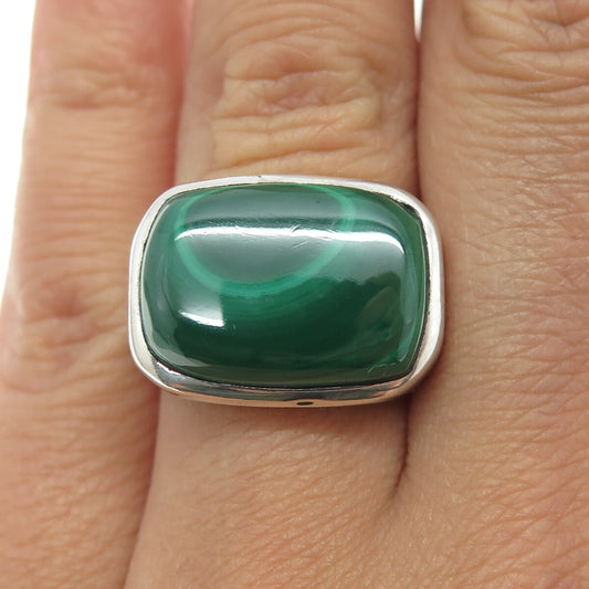 925 Sterling Silver Vintage Real Cabochon Malachite Ring Size 6.75