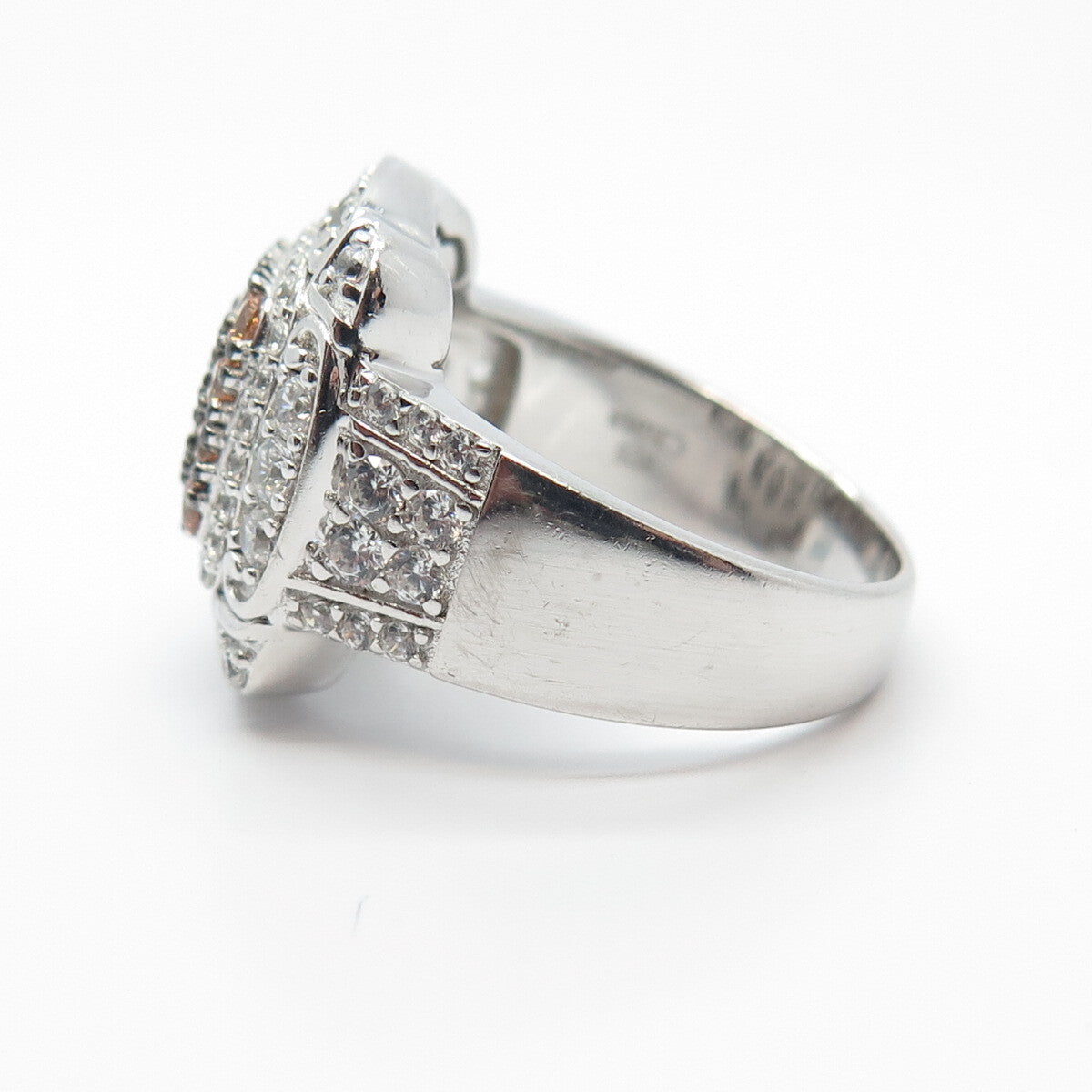 925 Sterling Silver Champagne & White C Z Wide Ring Size 7.25