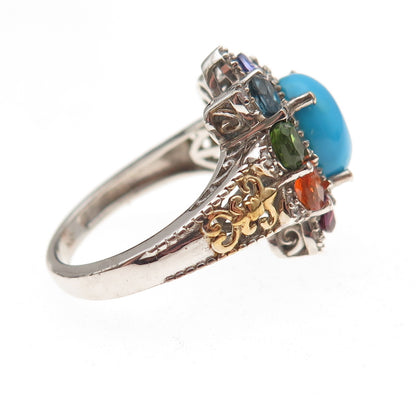Chuck Clemency 925 Sterling Silver Real Turquoise & Multi-Color Gem Ring Size 8