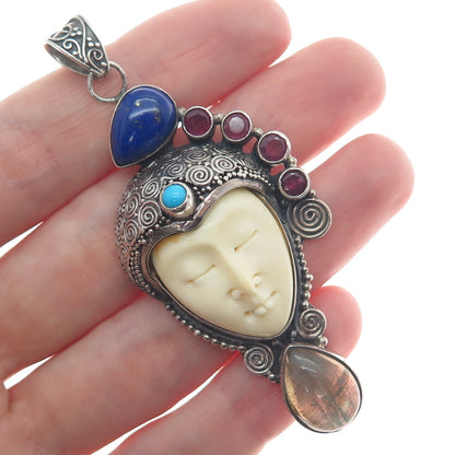 925 Sterling Silver Vintage Ruby Lapis Turquoise Labradorite Goddess Pendant