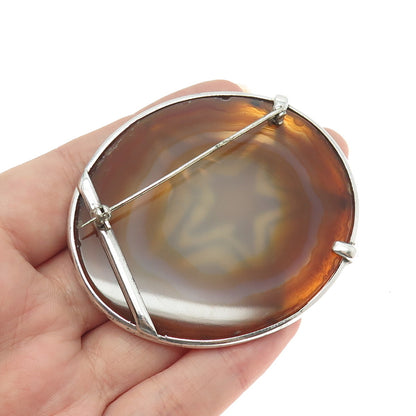 925 Sterling Silver Vintage Real Agate Star Solid 41.9g Pin Brooch