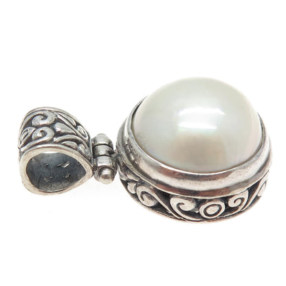 925 Sterling Silver Vintage Real Pearl Ornate Pendant