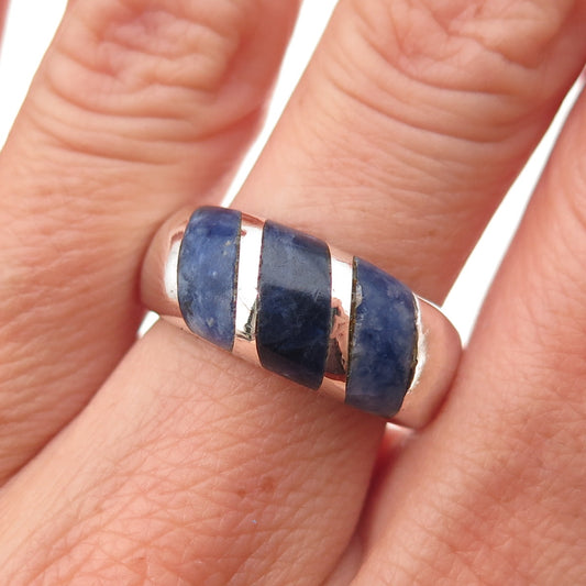 925 Sterling Silver Vintage Mexico Real Lapis & Sodalite Oxidized Ring Size 7.5