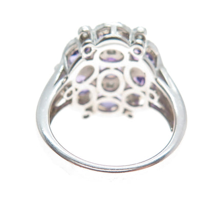 925 Sterling Silver Real Amethyst & White Topaz Gem Cluster Ring Size 7.25