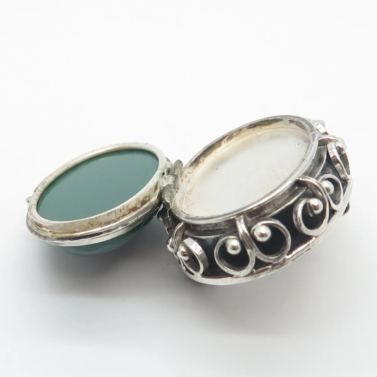 925 Sterling Silver Antique Mexico Real Green Onyx Gem Oval Locket Pin Brooch