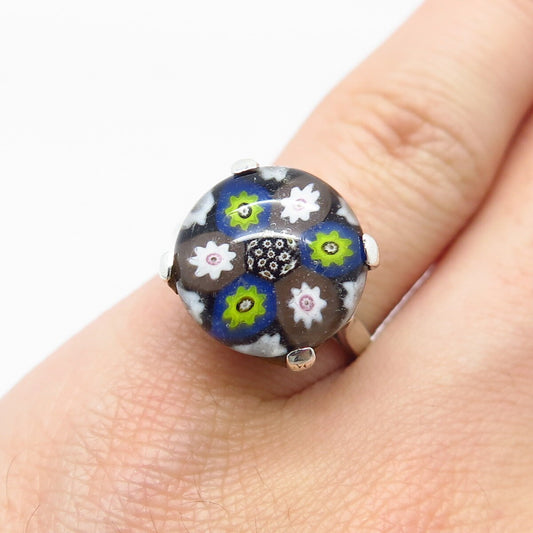 925 Sterling Silver Vintage Birmingham Colorful Glass Ring Size 6.25