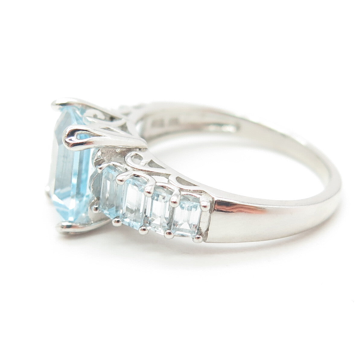 925 Sterling Silver Real Emerald-Cut Blue Topaz Engagement Ring Size 8