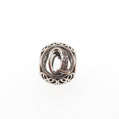 Pandora 925 Sterling Silver C Z Letter Q Initial Slide Bead Charm