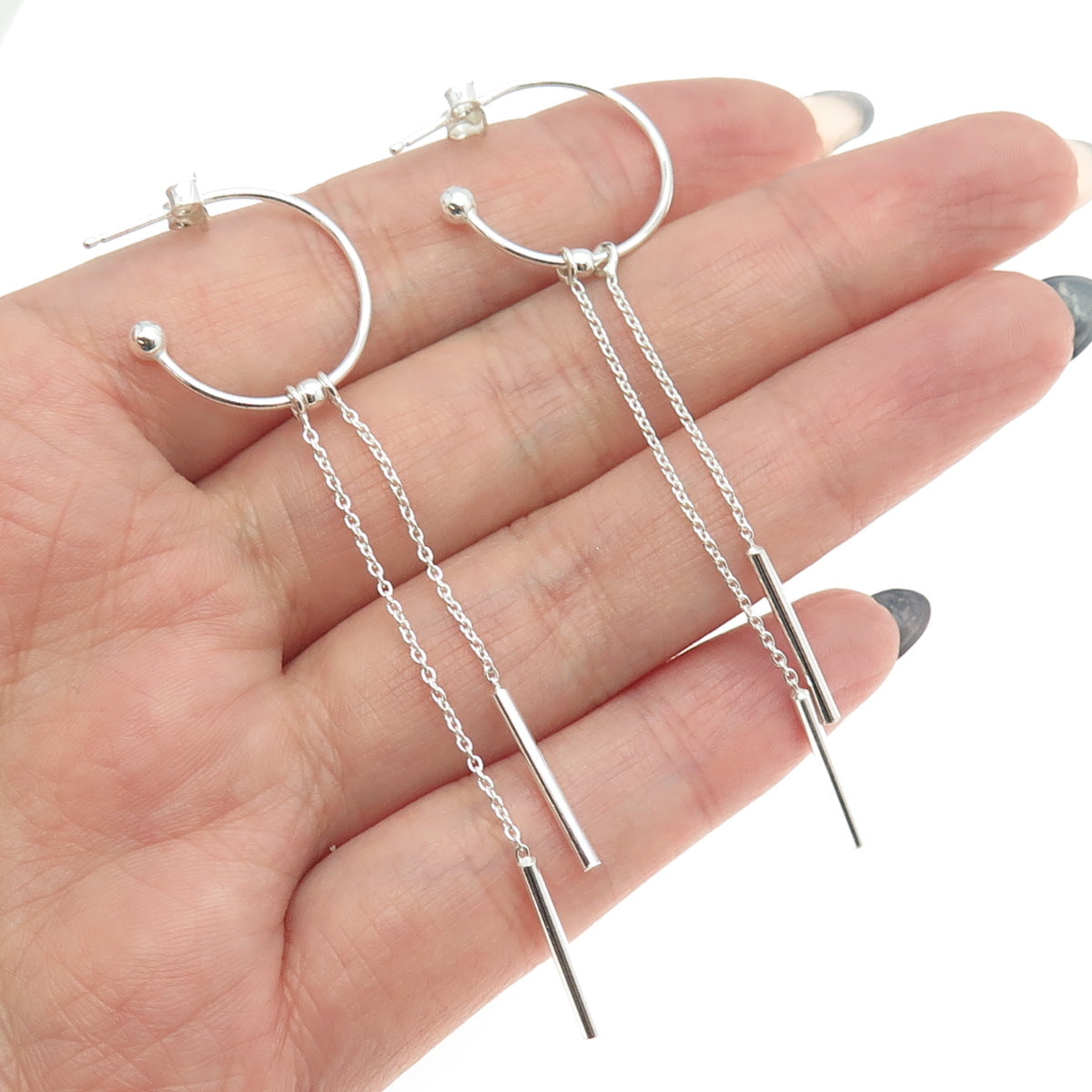 925 Sterling Silver Tassel Chain Drop Bar Hoop Dangling Earrings