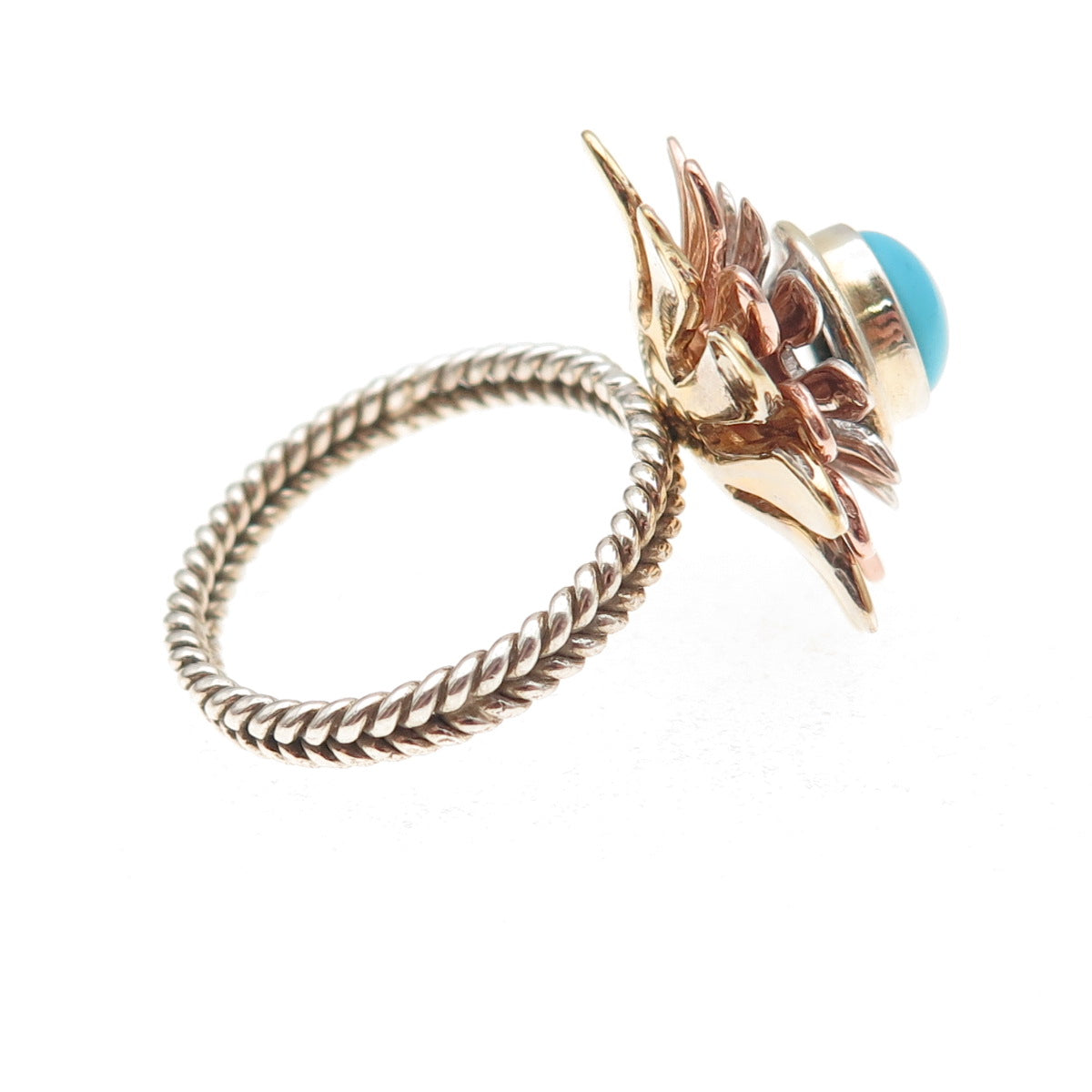 925 Sterling Silver 3-Tone Real Sleeping Beauty Turquoise Floral Ring Size 8.25