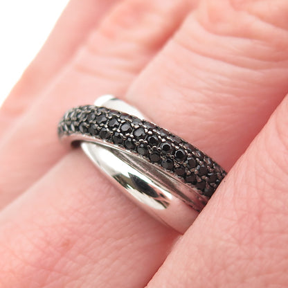 925 Sterling Silver Real Round-Cut Black Spinel Crisscross Ring Size 6.5