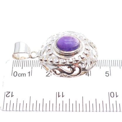 925 Sterling Silver Vintage Real Oval-Cut Amethyst Beaded Charm Pendant