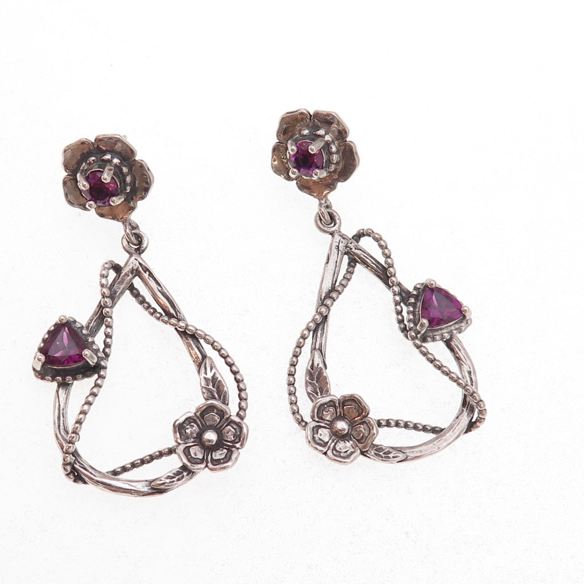 Or Paz PZ Sterling Silver Vintage Israel Real Amethyst Floral Teardrop Earrings
