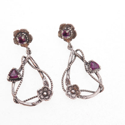 Or Paz PZ Sterling Silver Vintage Israel Real Amethyst Floral Teardrop Earrings