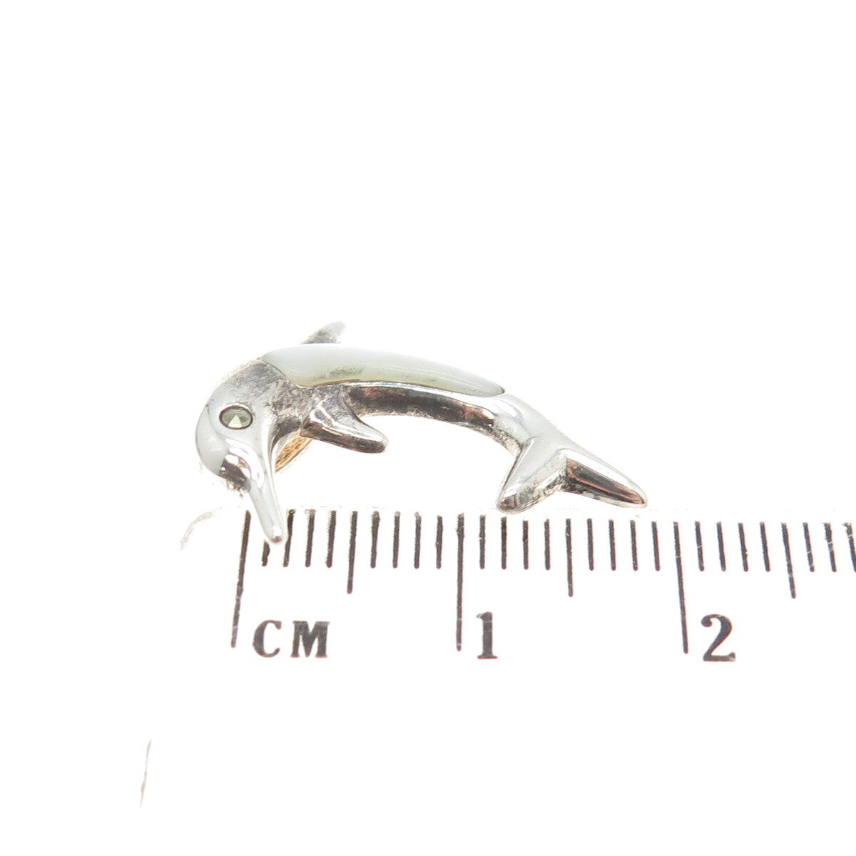 925 Sterling Silver Vintage Real Mother-of-Pearl Friendly Dolphin Slide Pendant