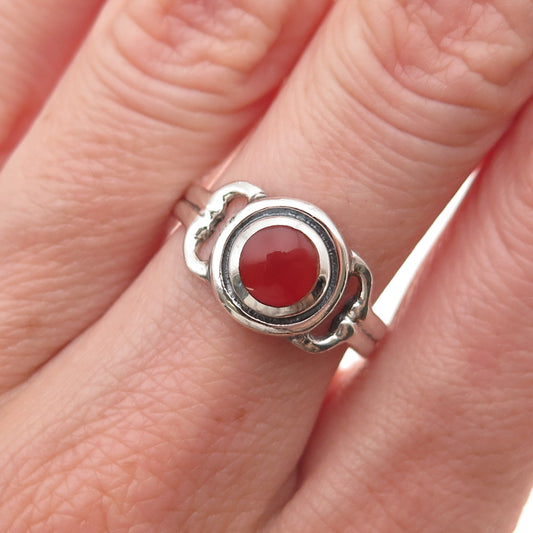 925 Sterling Silver Vintage Real Carnelian Modernist Oxidized Ring Size 7