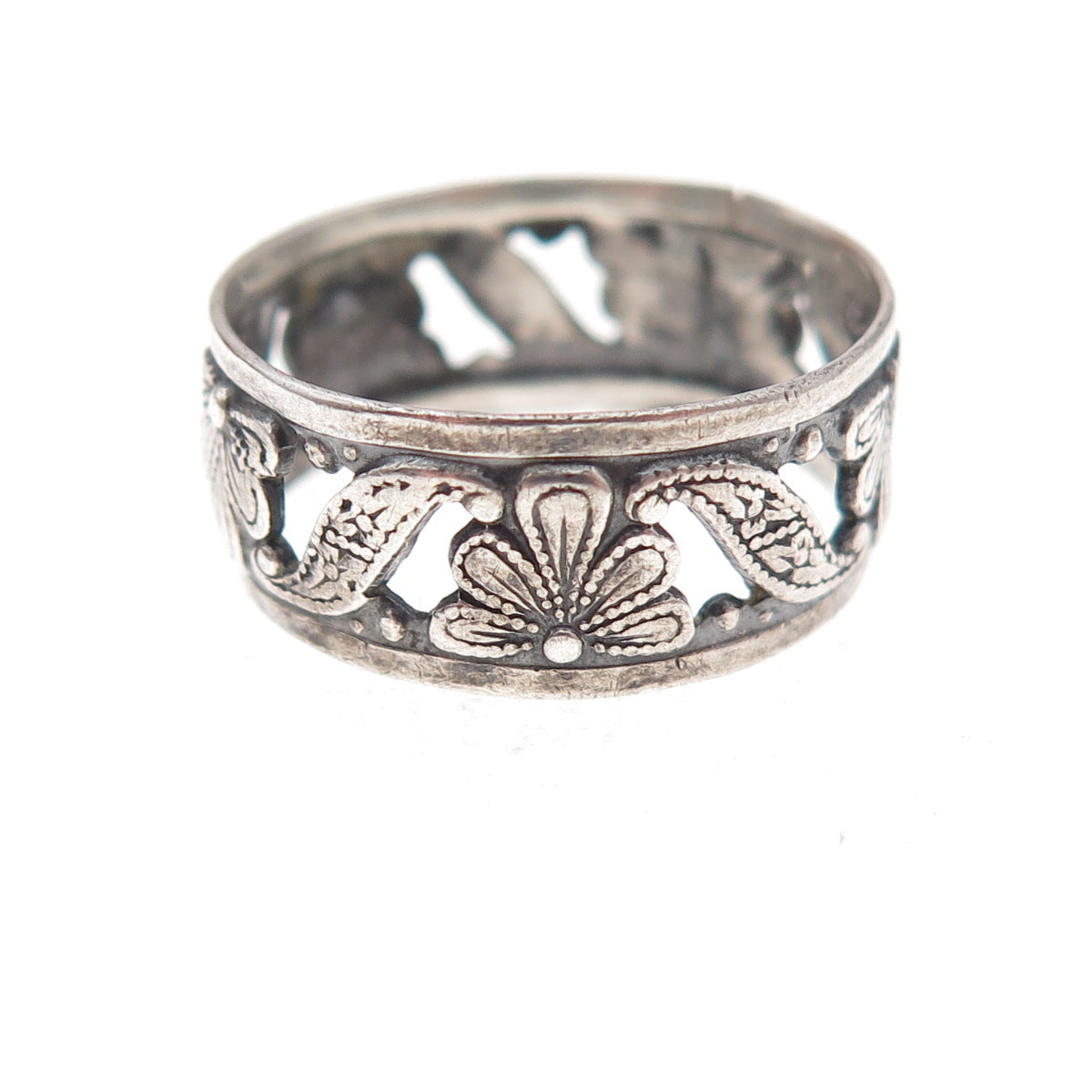 Uncas 925 Sterling Silver Antique Art Deco Floral Oxidized Band Ring Size 7