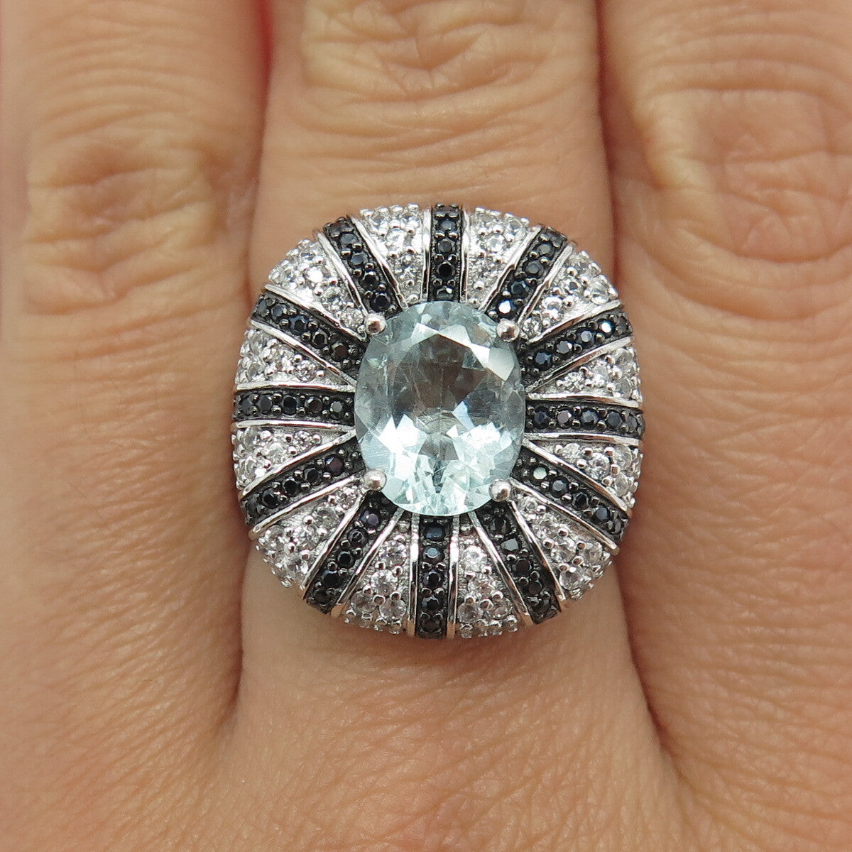 925 Sterling Silver Real Blue & White Topaz Black Spinel Ring Size 8