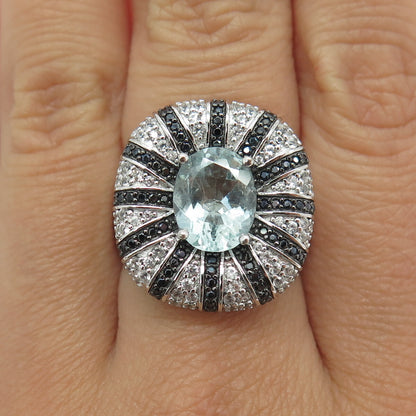 925 Sterling Silver Real Blue & White Topaz Black Spinel Ring Size 8