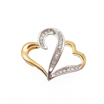 925 Sterling Silver 2-Tone Real Diamond Couple Heart Slide Charm Pendant