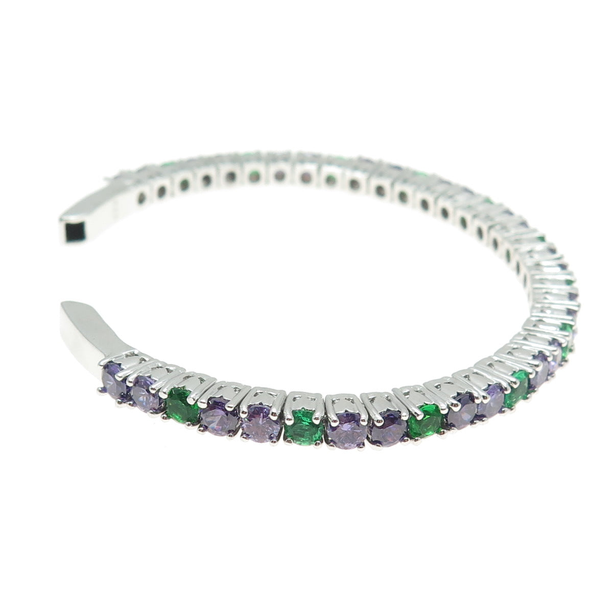 925 Sterling Silver Green & Purple C Z Adjustable Tennis Link Bracelet 6.75"