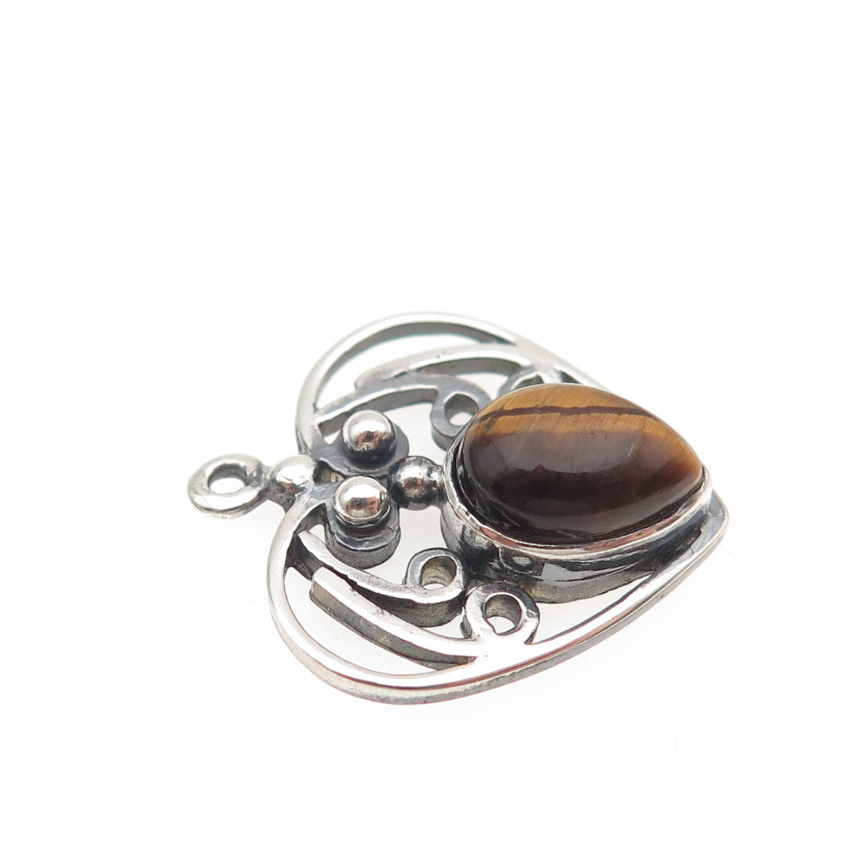 925 Sterling Silver Vintage Real Tiger Eye Heart Oxidized Charm Pendant