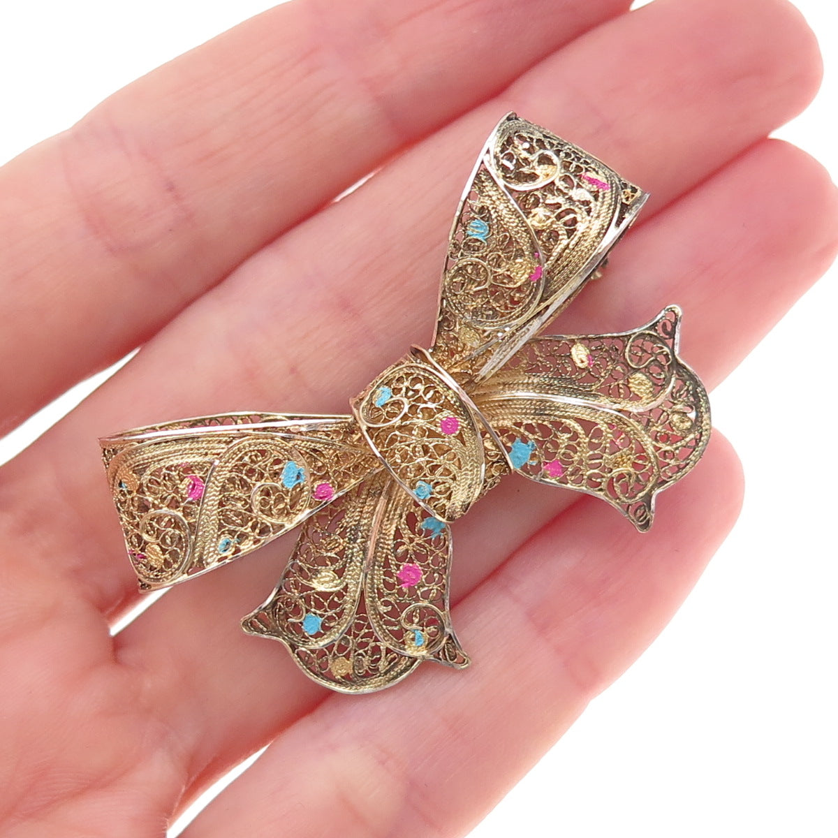 925 Sterling Silver Gold Plated Antique Art Deco Enamel Bow Filigree Pin Brooch