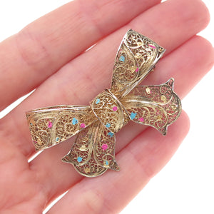 925 Sterling Silver Gold Plated Antique Art Deco Enamel Bow Filigree Pin Brooch
