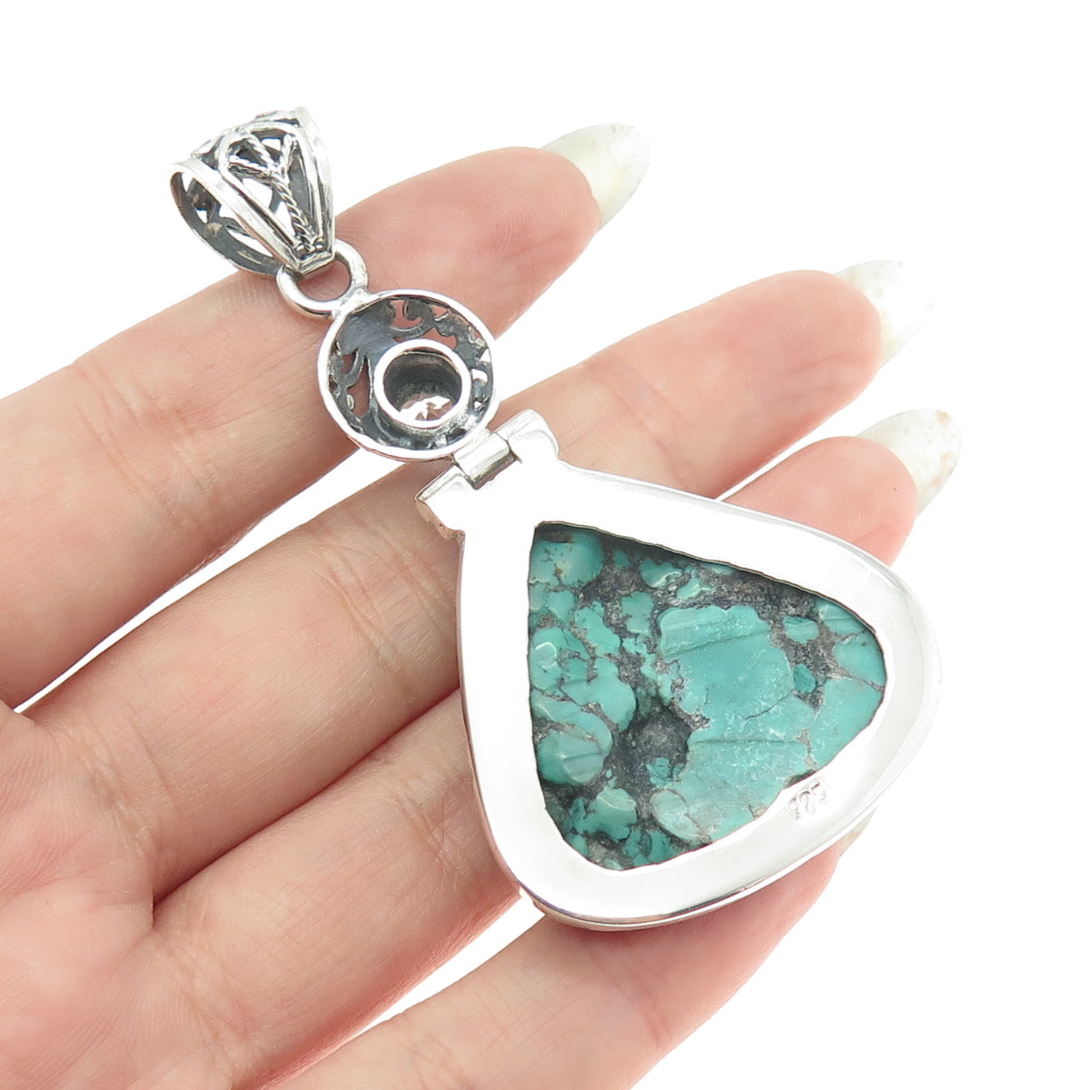 925 Sterling Silver Vintage Real Kingman Turquoise & Blue Topaz Pendant