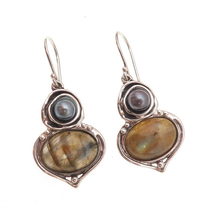 Hagit Gorali 925 Sterling Silver Vintage Israel Real Labradorite Pearl Earrings