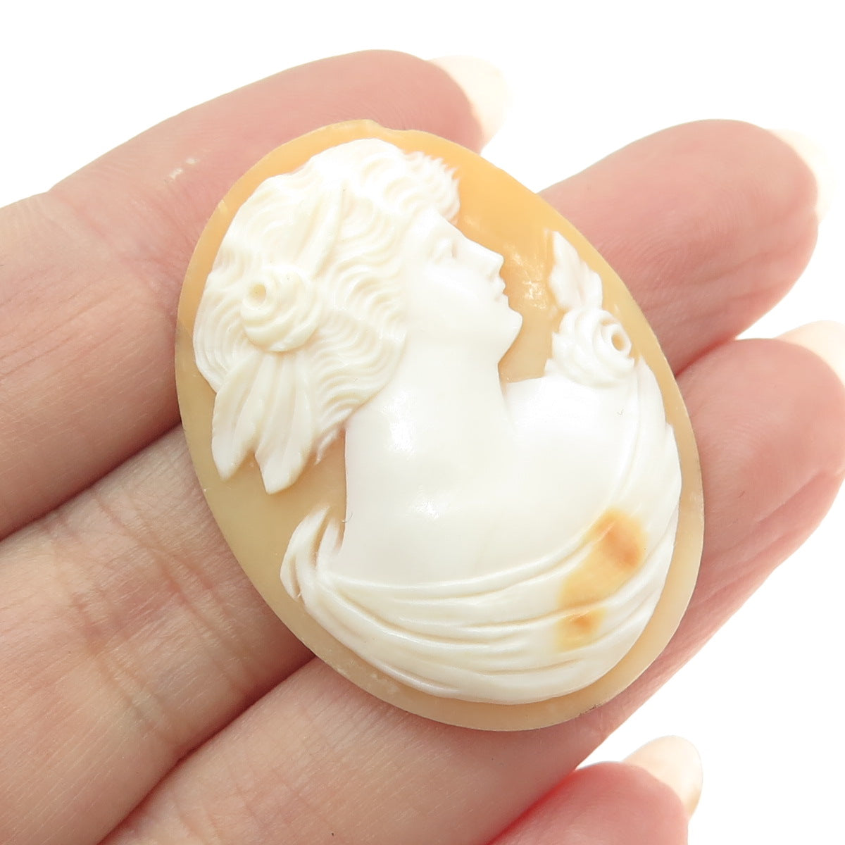 Antique Victorian Real Carved Mother-of-Pearl Floral Lady Cameo