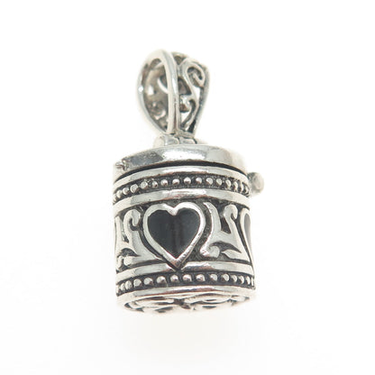 925 Sterling Silver Vintage Real Black Onyx Heart Pill Box Pendant