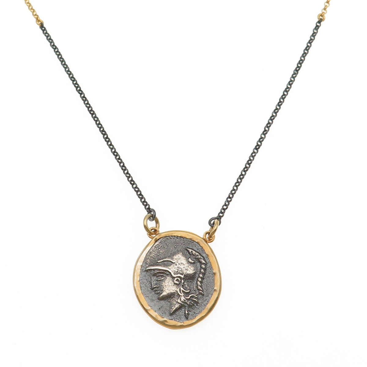 925 Sterling Gold Plated Black Rhodium Vintage Athena Greek Coin Necklace 20"