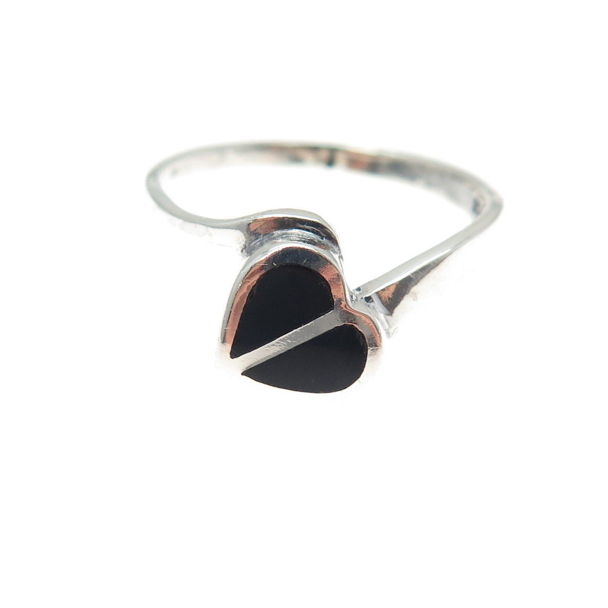 925 Sterling Silver Vintage Real Black Onyx Modernist Heart Ring Size 9.25