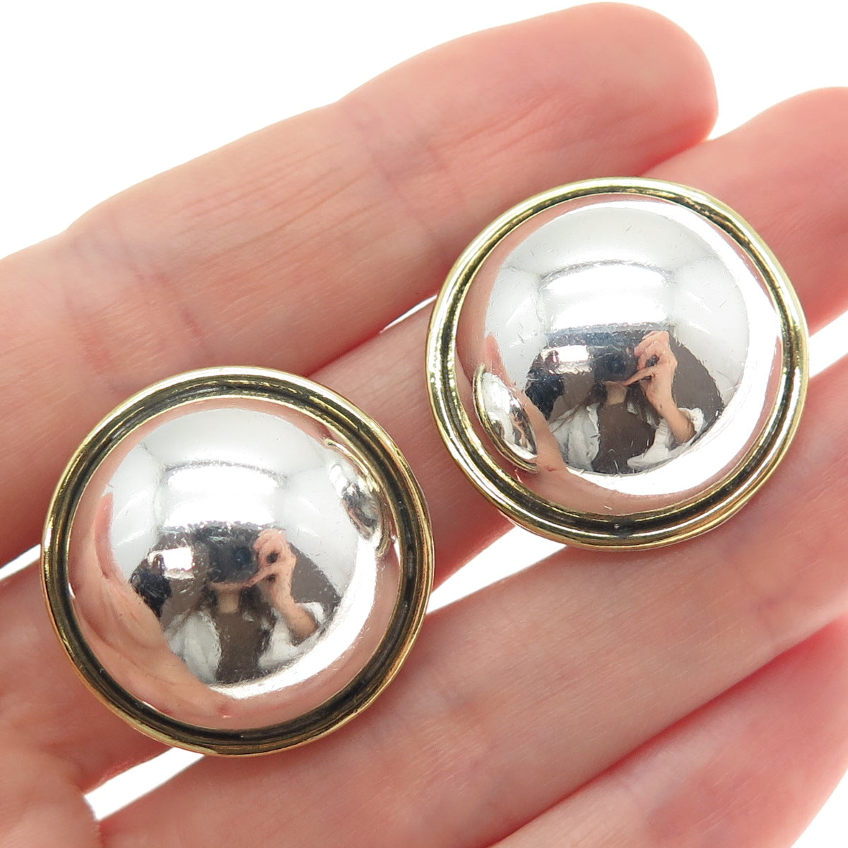 925 Sterling Silver 2-Tone Vintage Mexico Modernist Dome Clip On Earrings