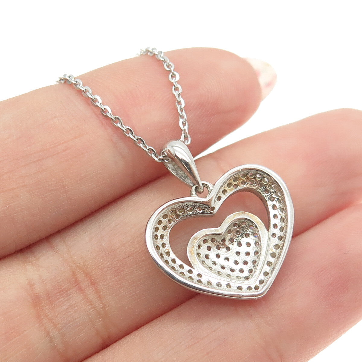 925 Sterling Silver Round-Cut C Z Double Heart Cable Chain Necklace 16"