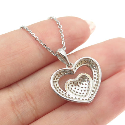 925 Sterling Silver Round-Cut C Z Double Heart Cable Chain Necklace 16"