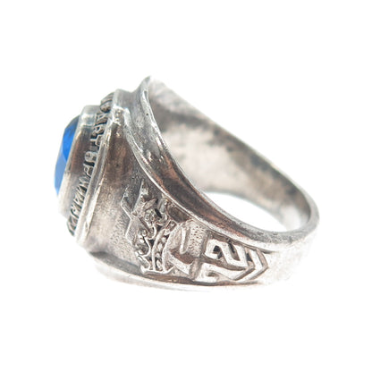 925 Sterling Silver Vintage 1972 Lab-Created Sapphire IHM School Ring Size 8.25