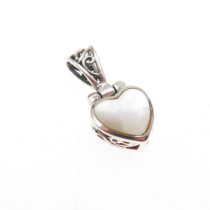 925 Sterling Silver Vintage Real MOP Heart Oxidized Charm Pendant
