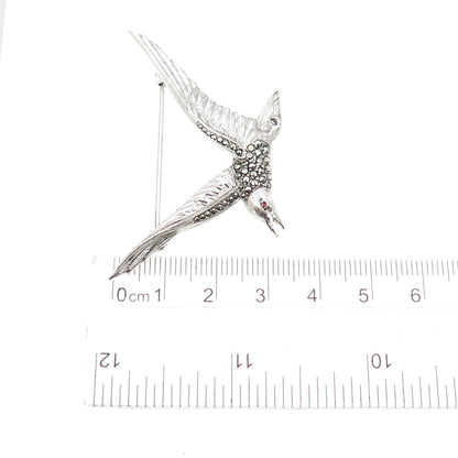 925 Sterling Silver Antique Art Deco Real Garnet & Marcasite Seagull Pin Brooch