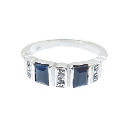 925 Sterling Silver Real Round-Cut White Topaz Emerald-Cut Sapphire Ring Size 8