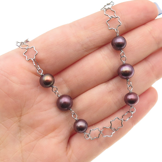 925 Sterling Silver Real Tahitian Pearl Beaded Star Chain Necklace 16-18"