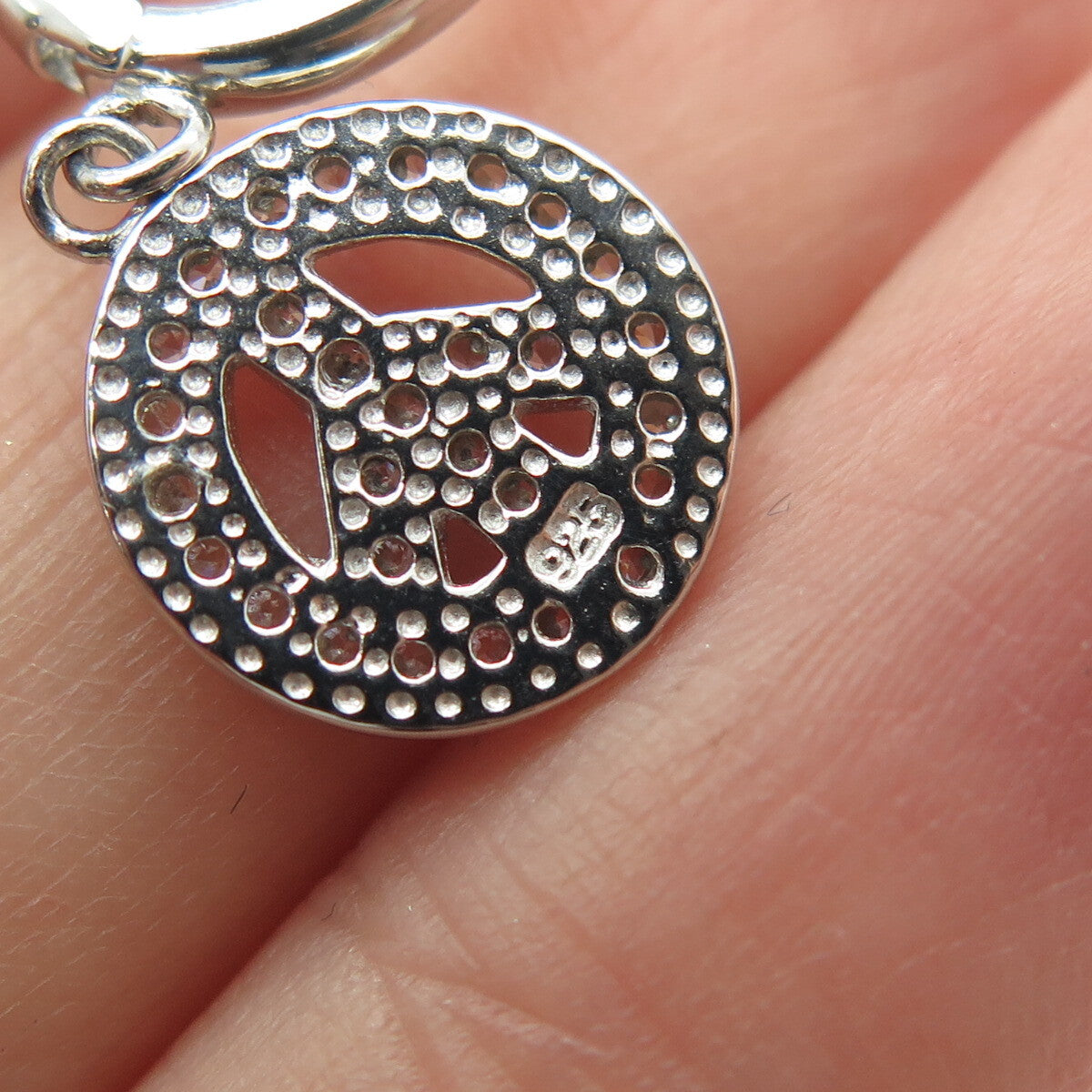 925 Sterling Silver Pave C Z Symbol of Peace Dangling Earrings