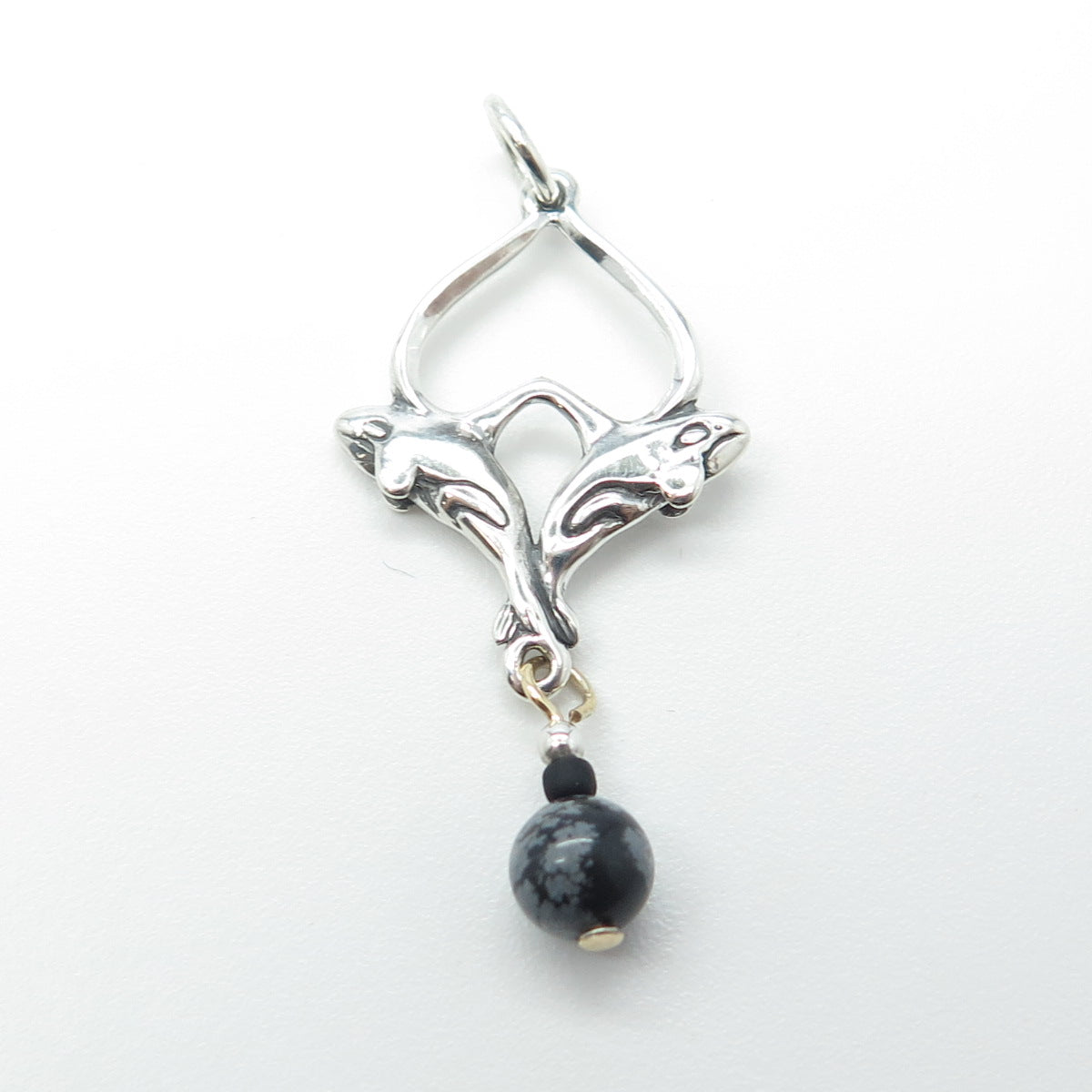 925 Sterling Silver Vintage Snowflake Obsidian Gem Couple of Dolphins Pendant