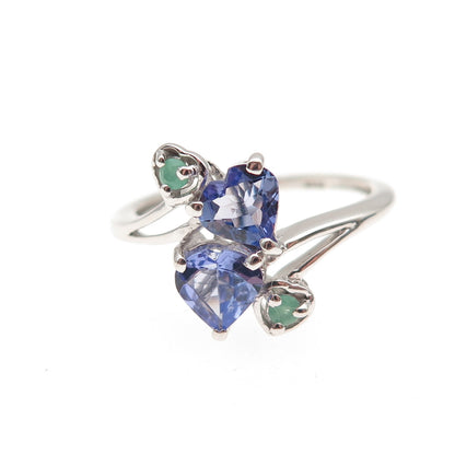 Chuck Clemency 925 Sterling Silver Real Tanzanite & Emerald Heart Ring Size 7.25