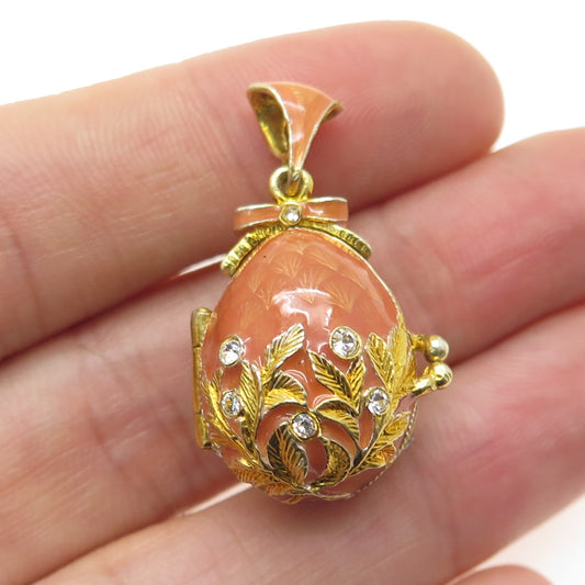 925 Sterling Gold Plated Vintage Enamel Rhinestone Egg Teddy Bear Locket Pendant