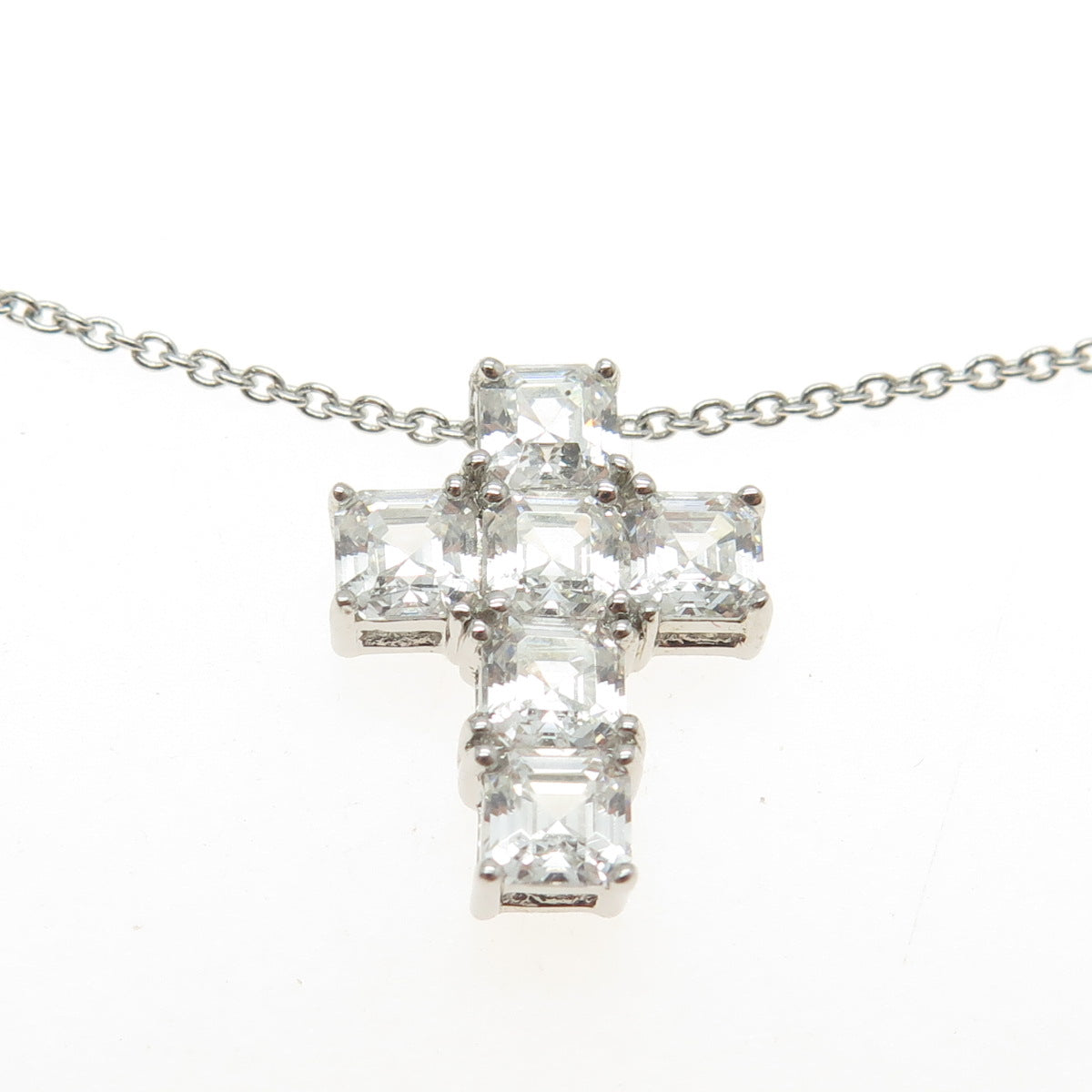 925 Sterling Silver Princess-Cut Shaped C Z Cross Rolo Chain Necklace 16-18"