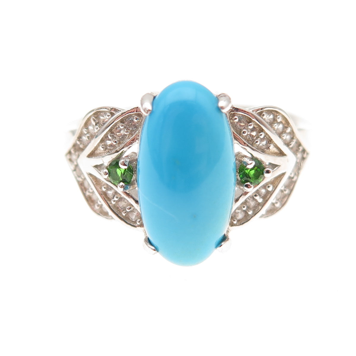 925 Sterling Real Sleeping Beauty Turquoise White Topaz & Peridot Ring Size 8.25